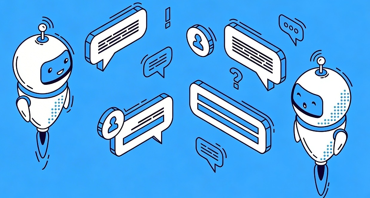 La ilustración en azul y blanco de dos robots teniendo una conversación con bocadillos de palabras y preguntas