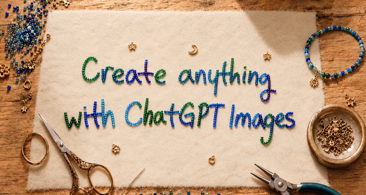 La frase "Create anything with ChatGPT images escrita con cuentas de colores junto a tijeras y alicates de joyería