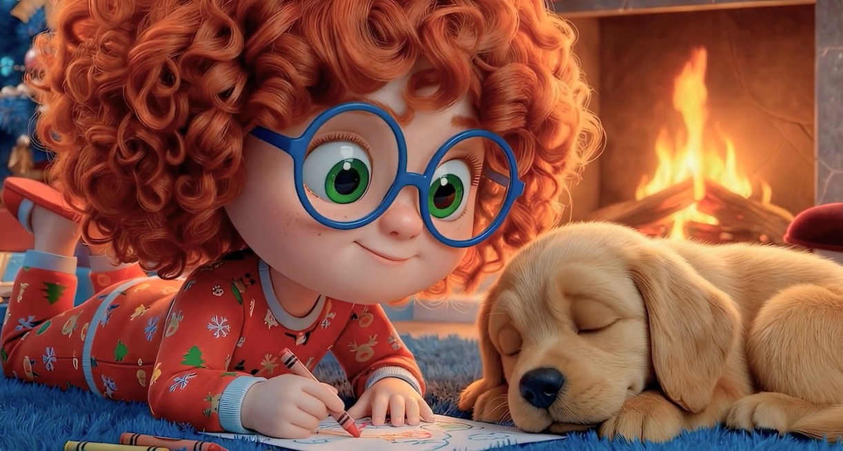 La protagonista del anuncio junto a la chimenea dibujando con su perro tumbado al lado