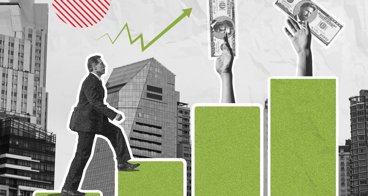 Un collage con un hombre subiendo por un gráfico como si fueran peldaños de una escalera