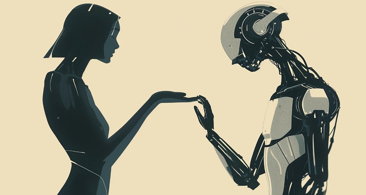Las siluetas de perfil de una chica que da la mano a un robot