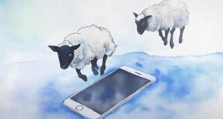 una ilustración en tonos azules con dos ovejitas saltando sobre un smartphone