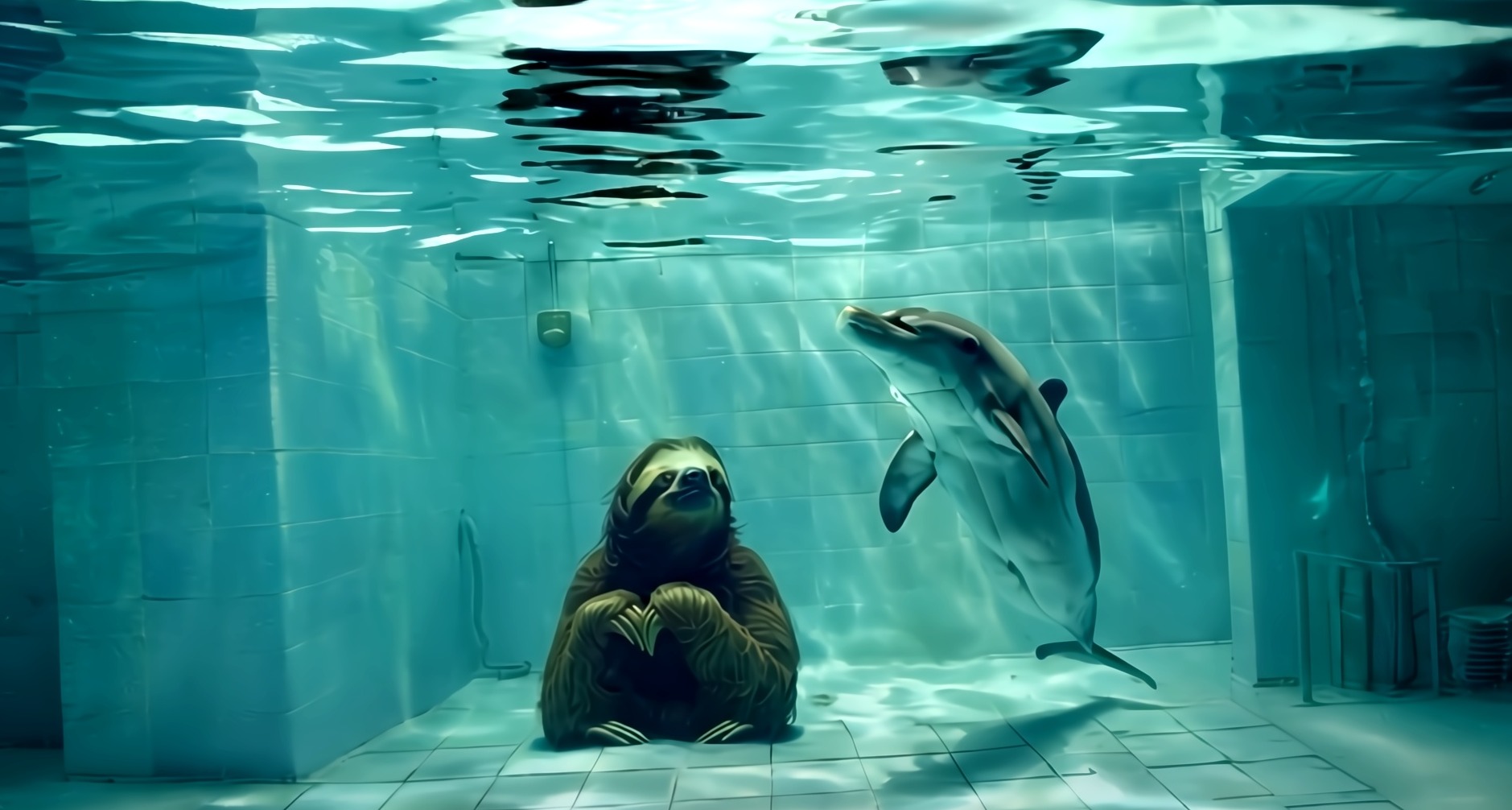 Un perezoso y un delfin en el fondo de una piscina, en una imagen generada con IA