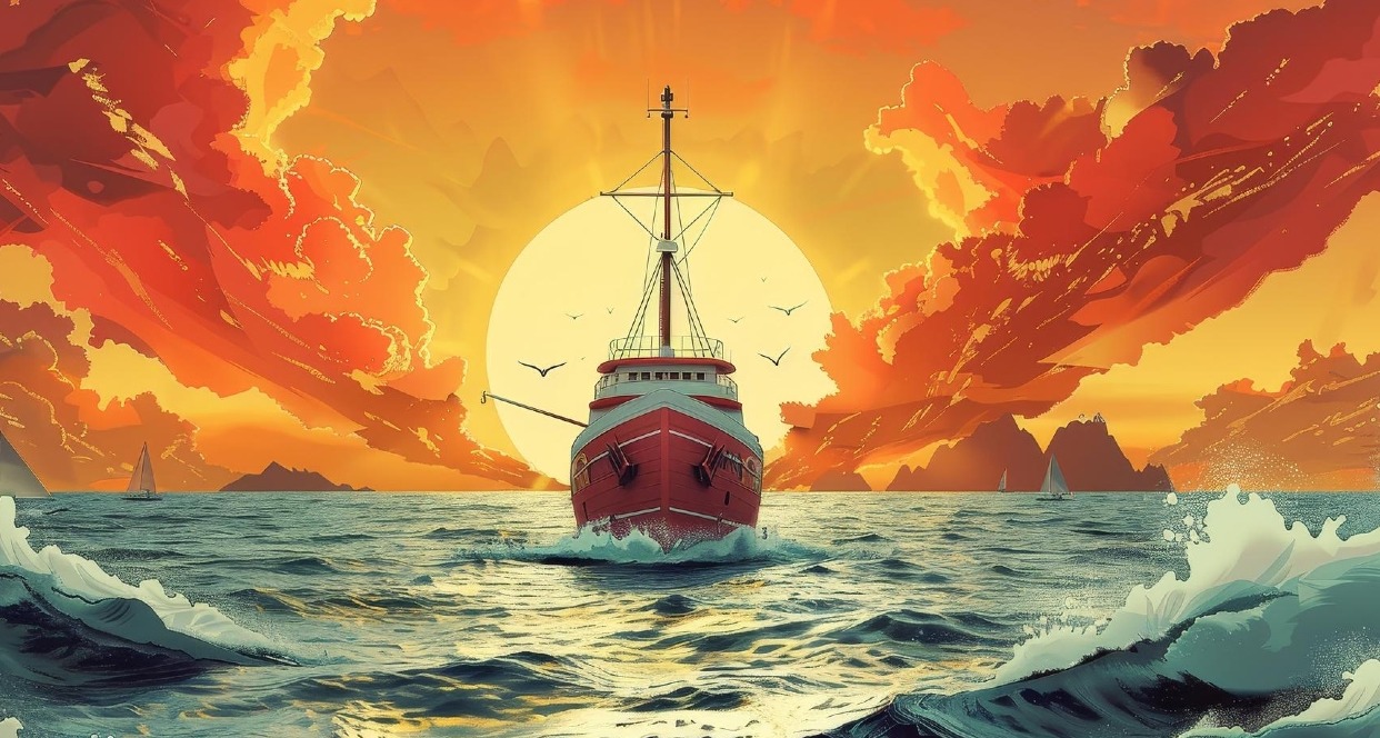 Un barco navegando a la deriva en el mar frente a un cielo naranja al atardecer