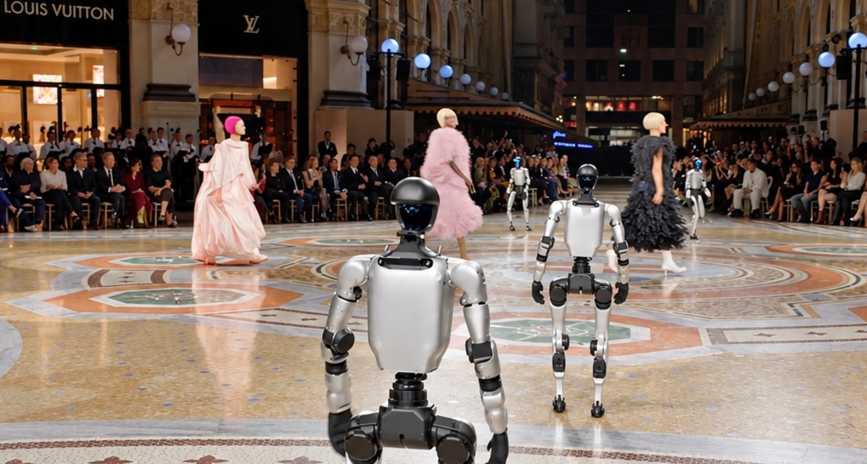 Dos robots destilando junto a las modelos