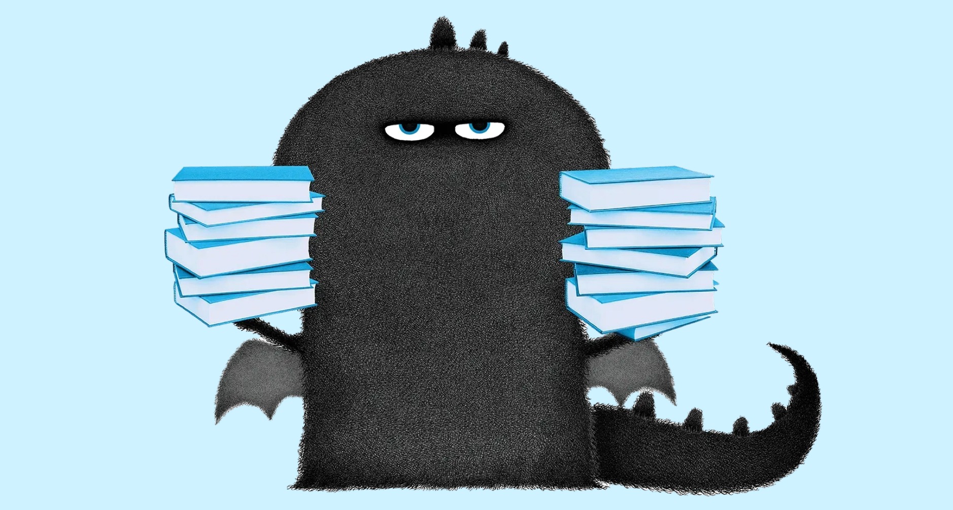 Un dibujo de un dragón negro que sujeta pilas de libros en cada mano