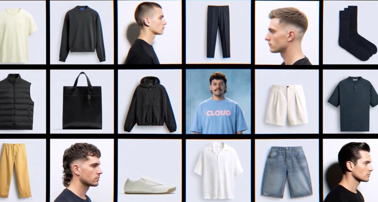 Una interfaz del e-commerce con prendas de ropa intercaladas con peinados de hombre