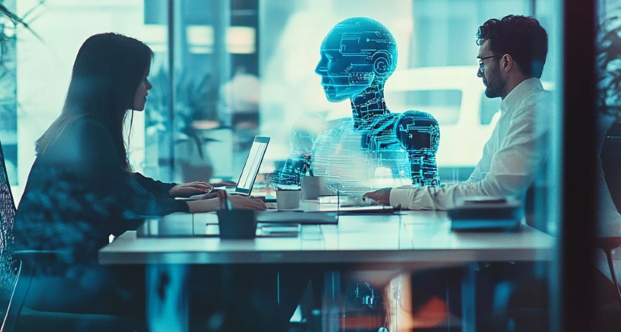 una mujer y un hombre reunidos en una sala con un robot