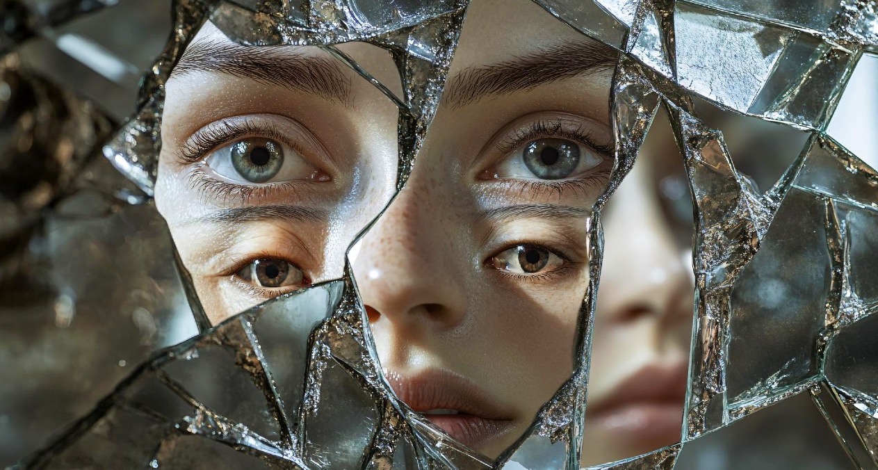 Los ojos y la boca de una chica reflejados en trozos de cristales
