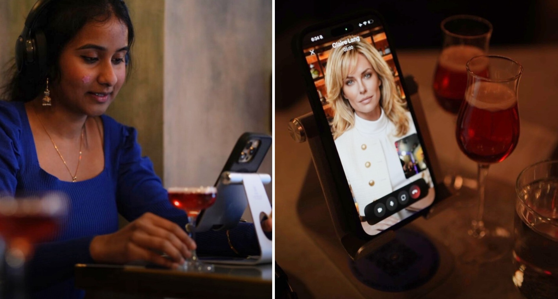 Mujer mira su teléfono en un bar