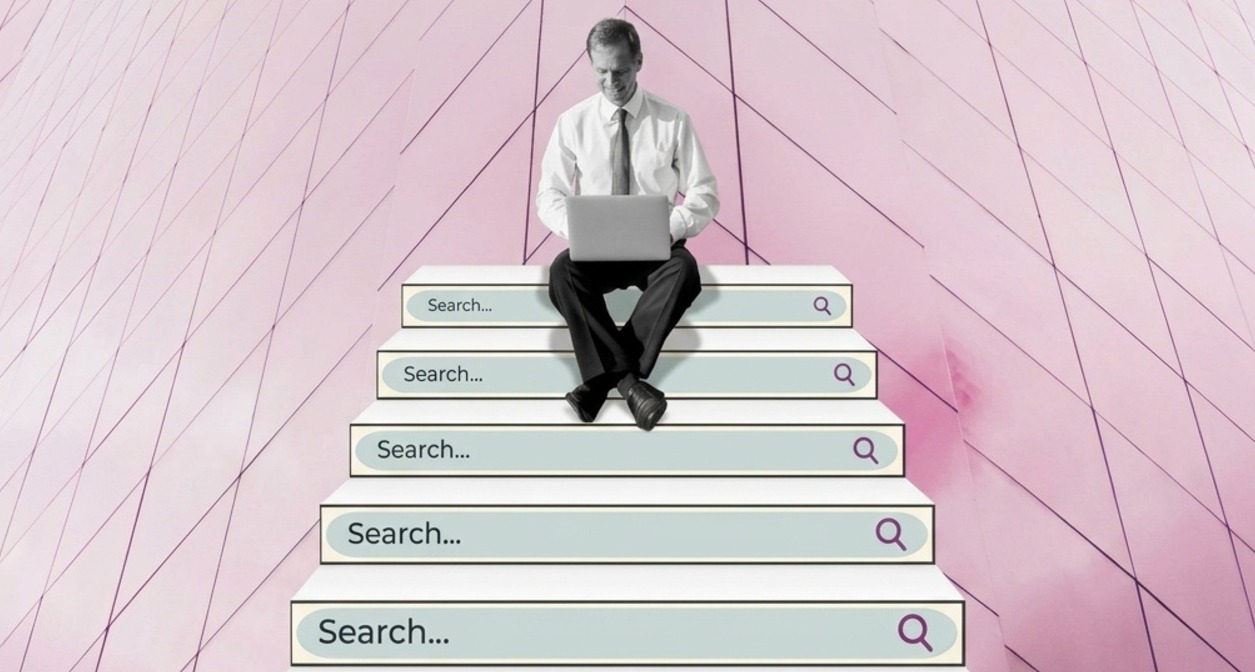 Un collage de un hombre subido a una escalera en la que cada peldaño reza "search"