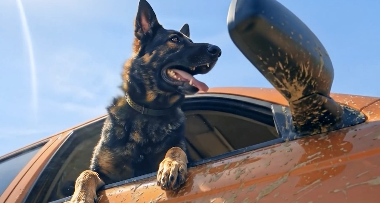 Un perro asomado por la ventanilla de un coche con barro