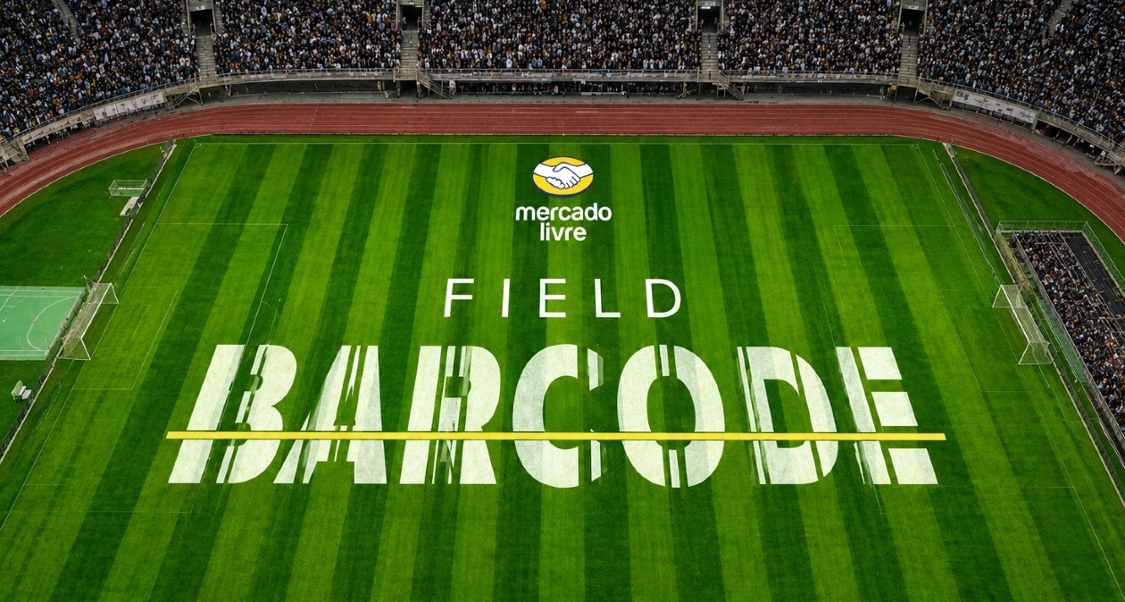 Un campo de fútbol con las letras Field Barcode como un código de barras en blanco