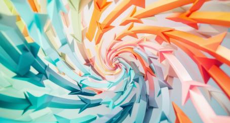 flechas en espiral de colores azules, rosa y naranja