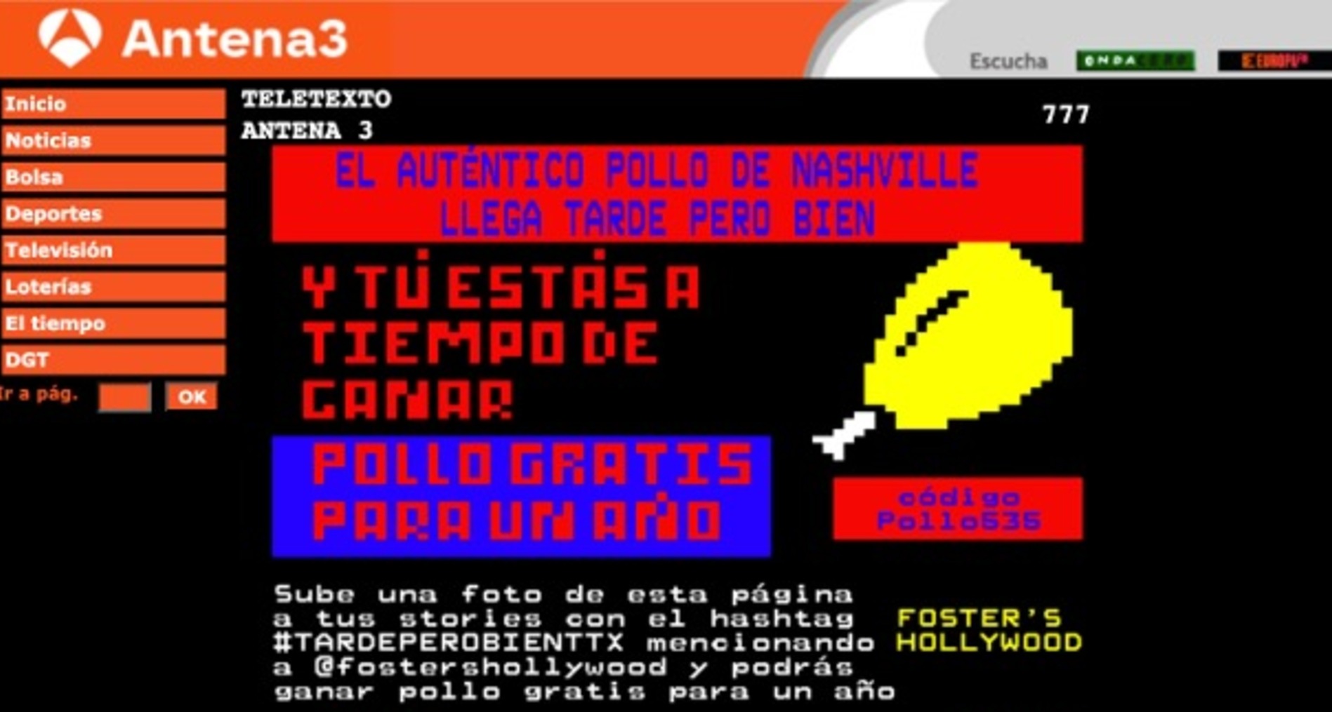 Página del teletexto con un anuncio de Foster's Hollywood
