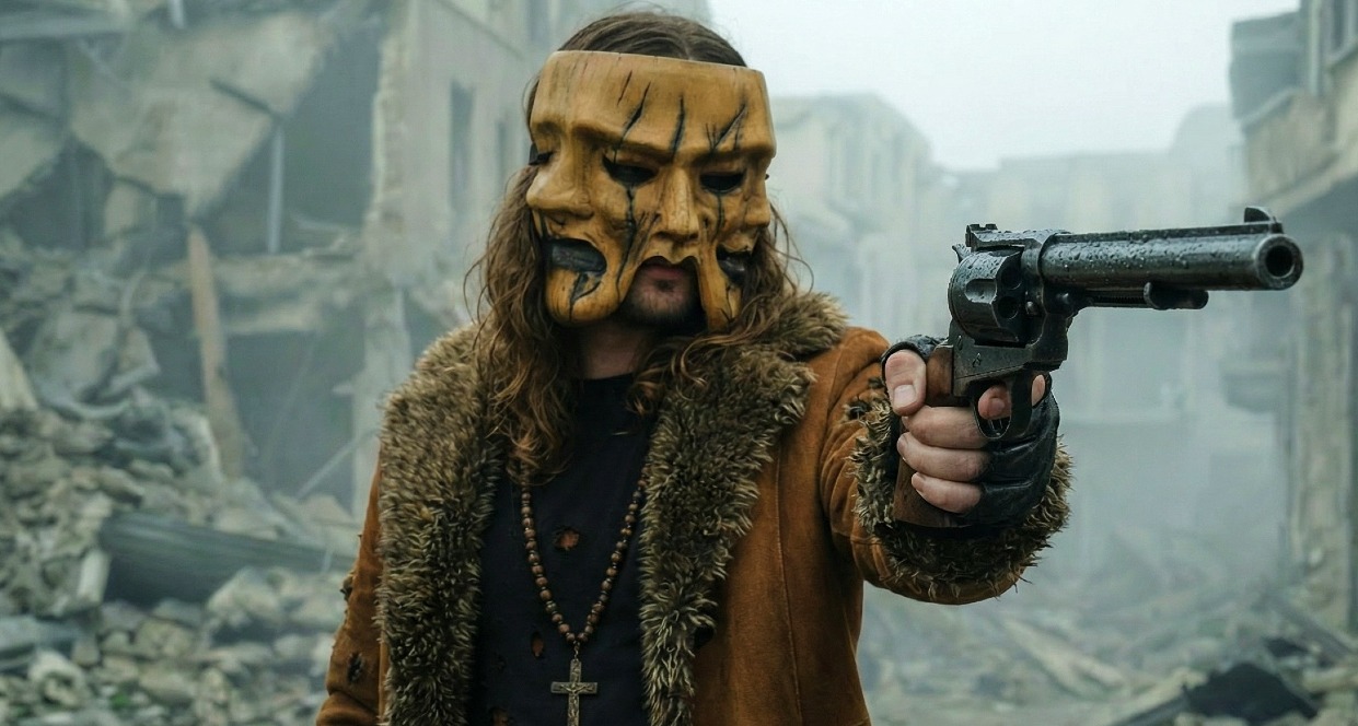 Un hombre con una pistola y una máscara de tres caras