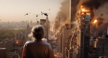 Fotograma de la película The Great Reset que muestra a una mujer observando rascacielos destruidos