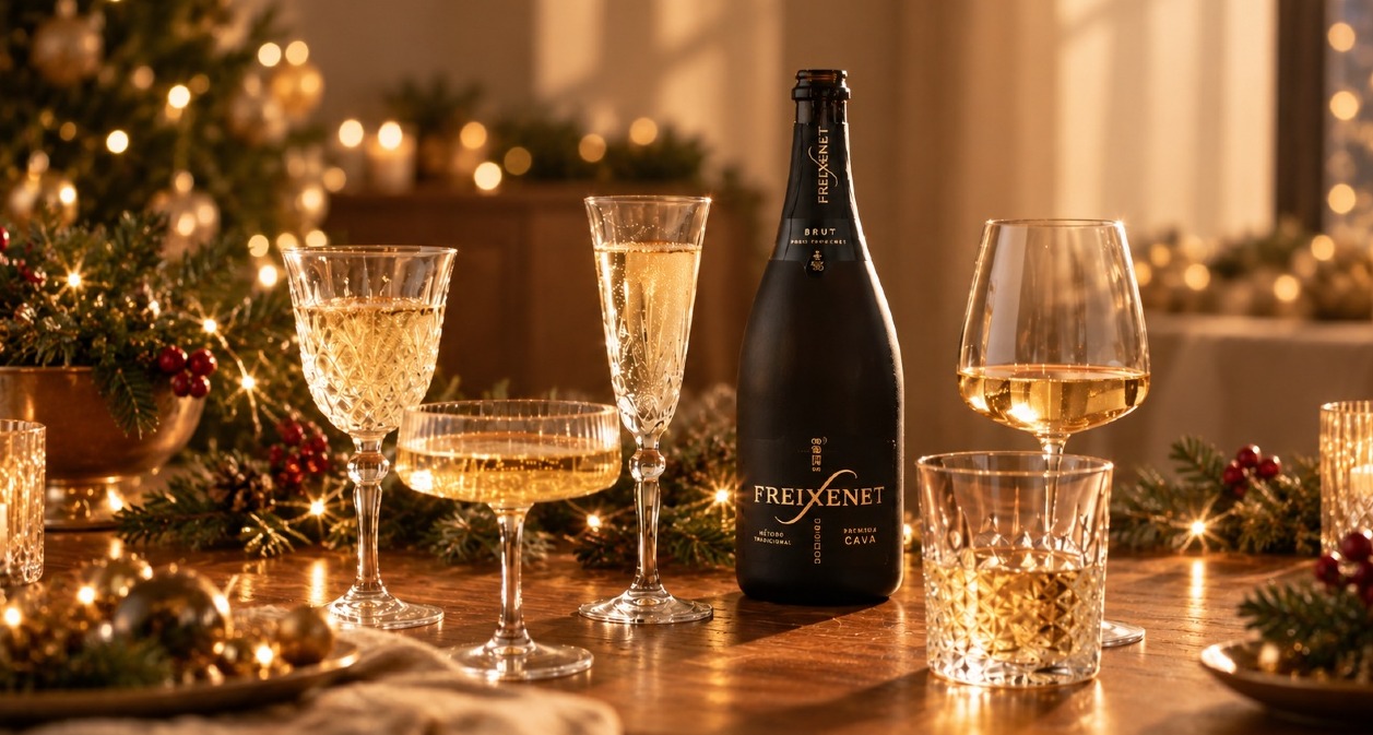 Un bodegón de mesa navideña con la botella de Freixenet negra y diferentes tipos de copas