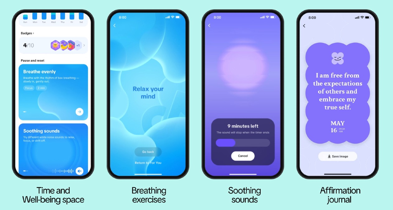 Interfaz de tiktok en varios smartphones mostrando las funciones de relax, respiración y afirmaciones positivas