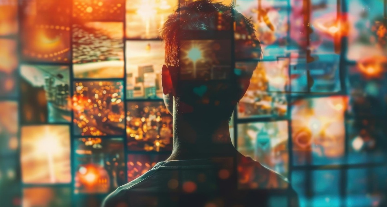 Un chico de espaldas mirando un mosaico de pantallas con aire futurista