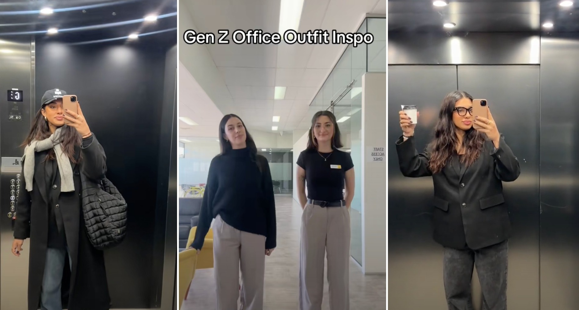 El “look Steve Jobs”: la generación Z crea un “uniforme” para combatir la fatiga de decisión Chicas jovenes mostrando sus atuendos para trabajar en la oficina