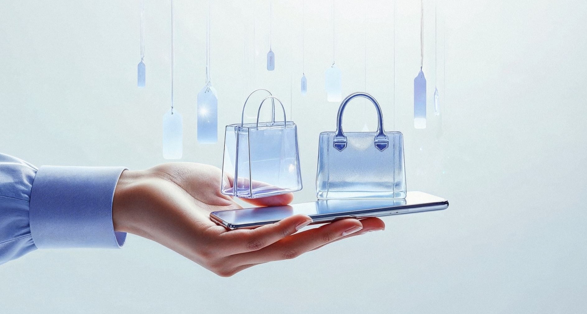 Un mano sujetando un móvil sobre el que hay dos bolsos