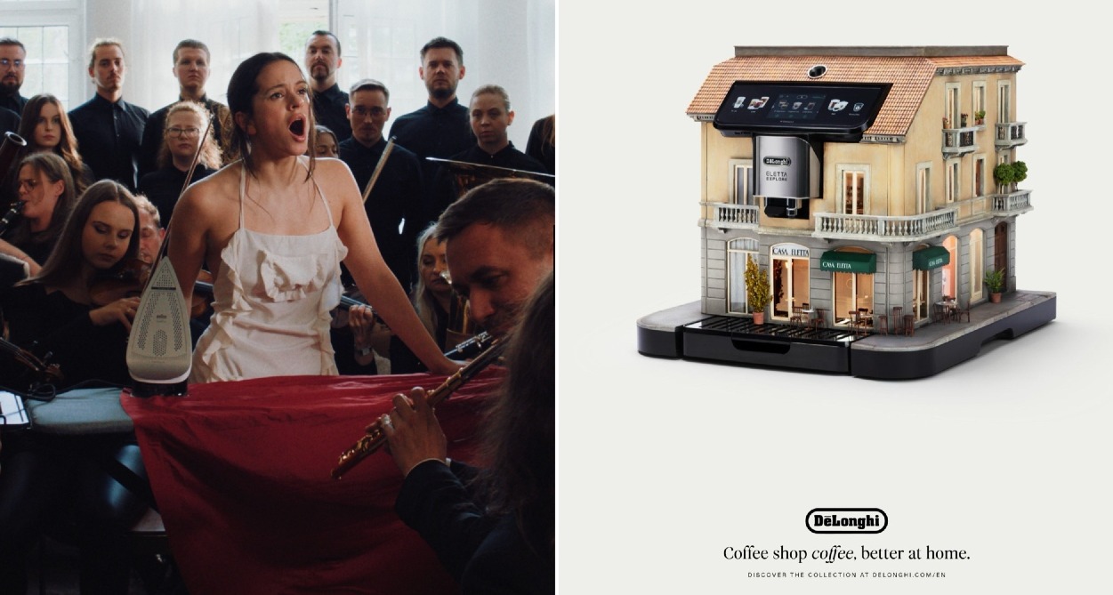 Una imagen de Rosalía y otra de una cafetera de De'Longhi