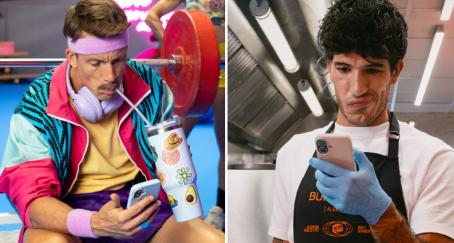 grison mirando el móvil en el gimnasio y el fundador de vicio haciendo lo mismo en la cocina