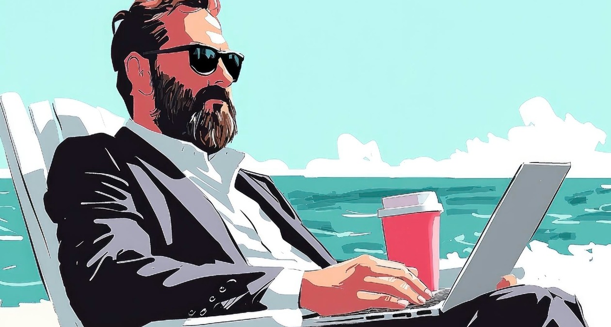 Ilustración de un hombre en traje trabajando con el portátil en la playa
