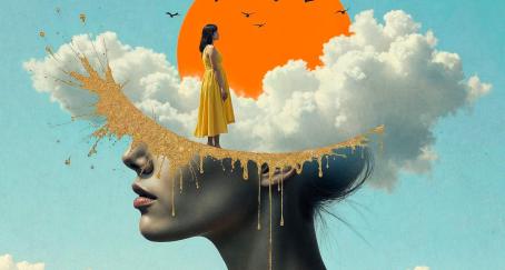 Collage crativo de una mujer ante un fondo de nubes