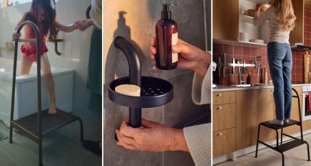 Imagen partida en tres secciones: izquierda niña saliendo de bañera apoyada en una banqueta de Ikea; centro, jabonero Ikea; derecha, mujer joven sobre banqueta en cocina