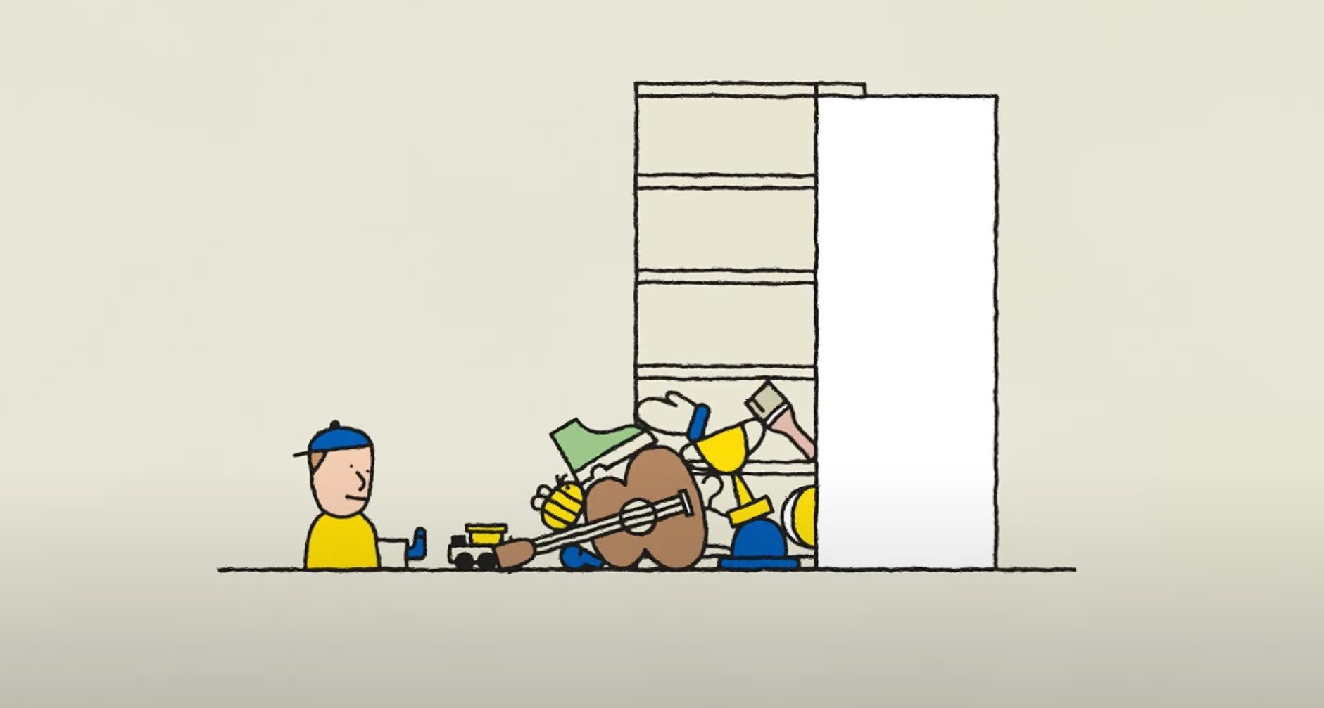 Ilustración minimalista de un niño ordenando su habitacion