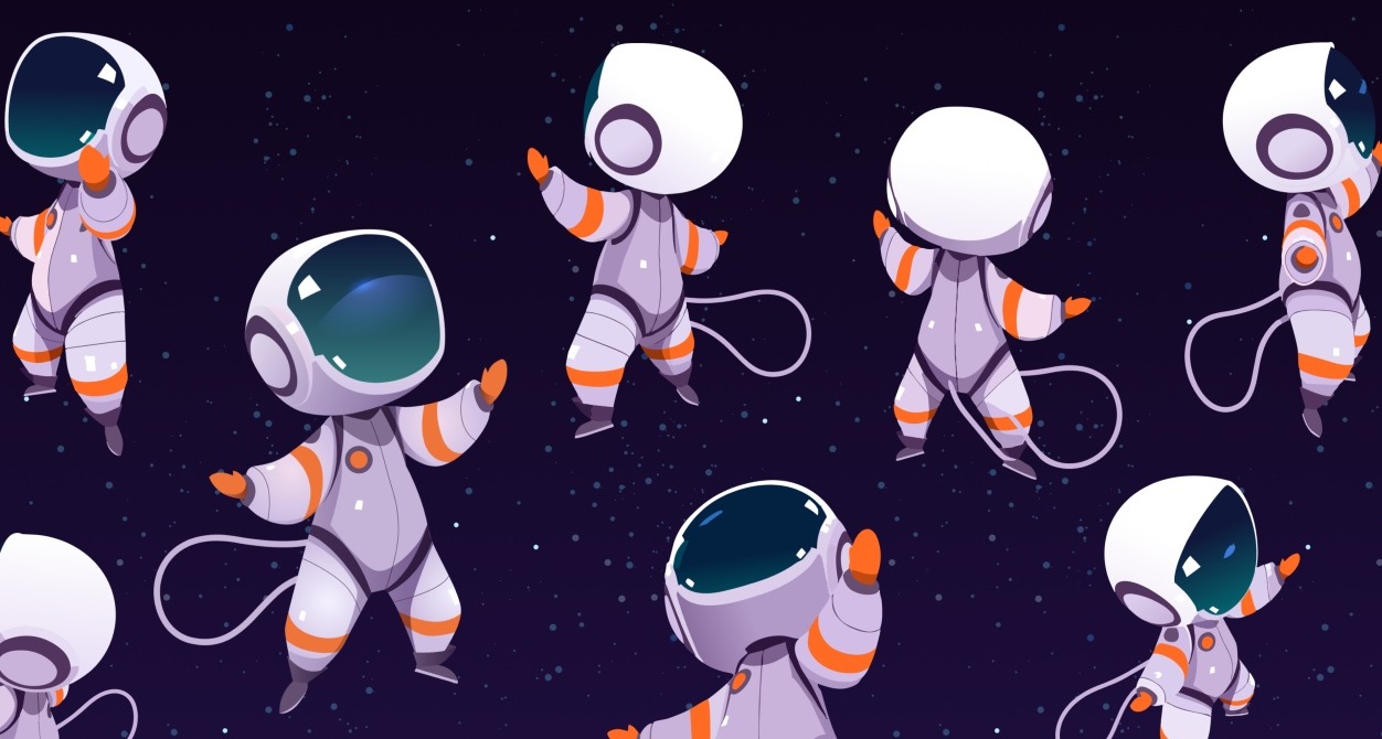 Astronautas en ilustración 3D flotando en el espacio desde diferentes ángulos