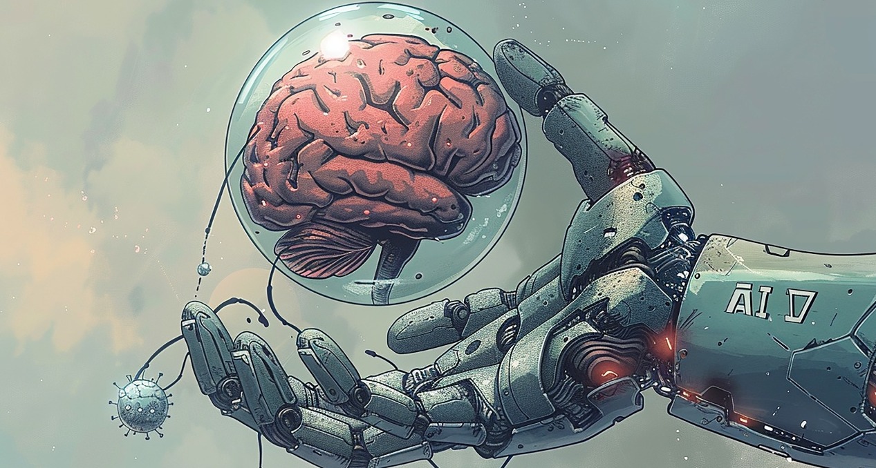 Una mano robótica que coge un cerebro humano metido dentro de una bola transparente