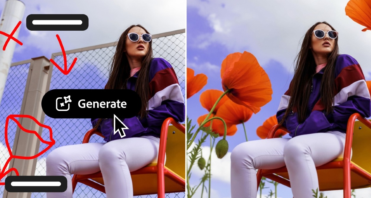 La interfaz de Photoshop con unas amapolas dibujadas a mano a un lado que se convierten en flores con todos los detalles al otro