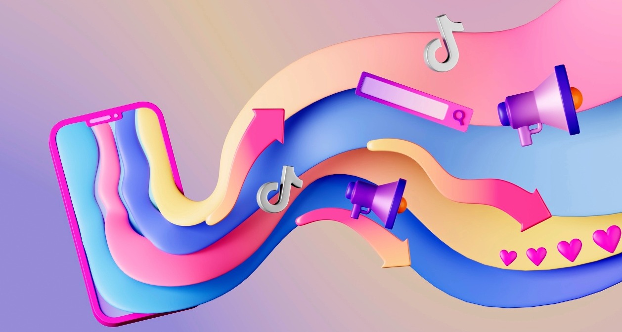 Ilustración de un teléfono con colores en la pantalla de los que salen iconos como el de TikTok