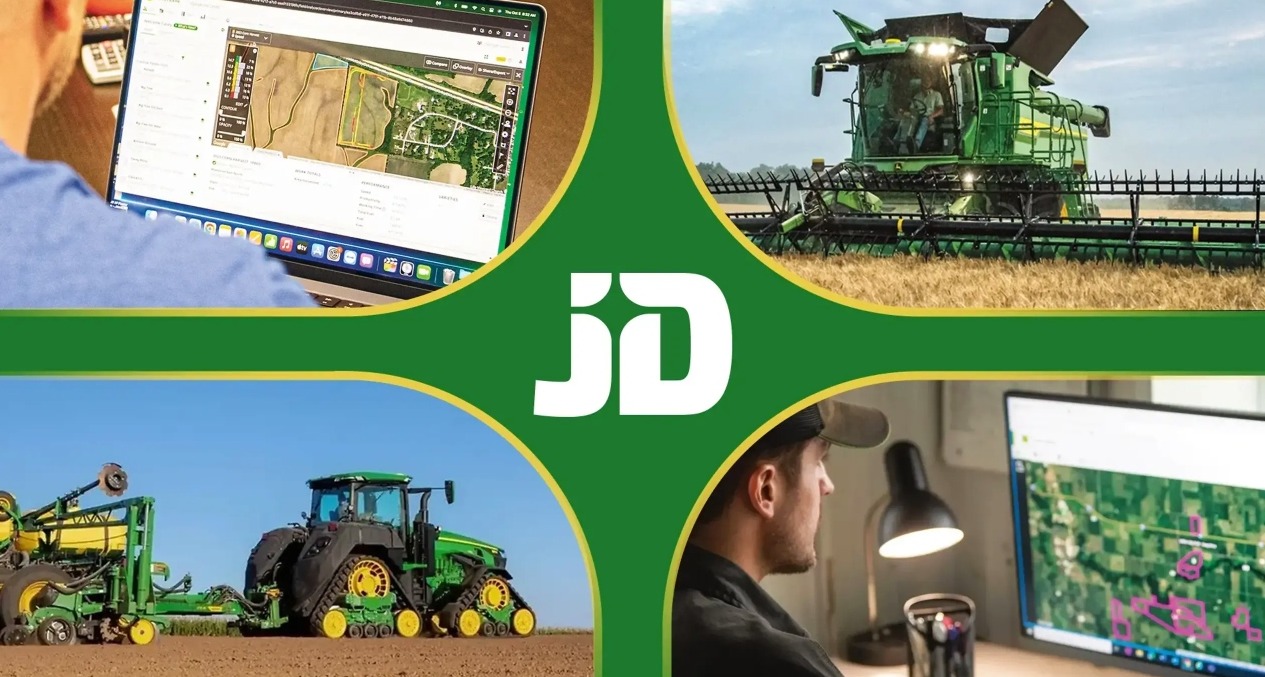 Varias escenas de tractores de John Deere y personas mirando ordenadores con mandos de control