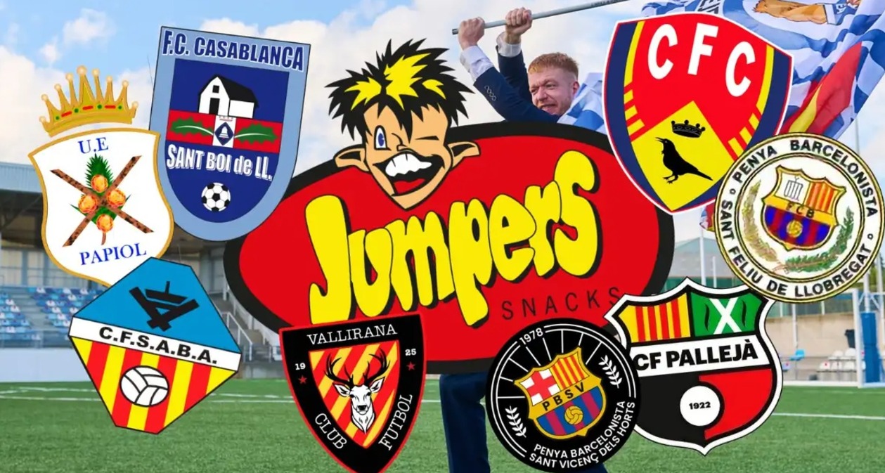 Escudos de los clubes de la Cuarta Catalana junto al logotipo de Jumpers