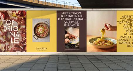 Carteles con la nueva identidad visual de La Mafia se sienta a la mesa