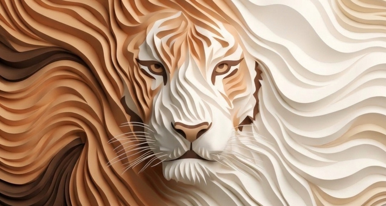 Un león dibujado con ondas marrones y blancas de estilo artístico