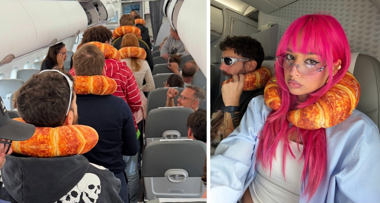 Personas en el avión con la almohada de croissant en el cuello