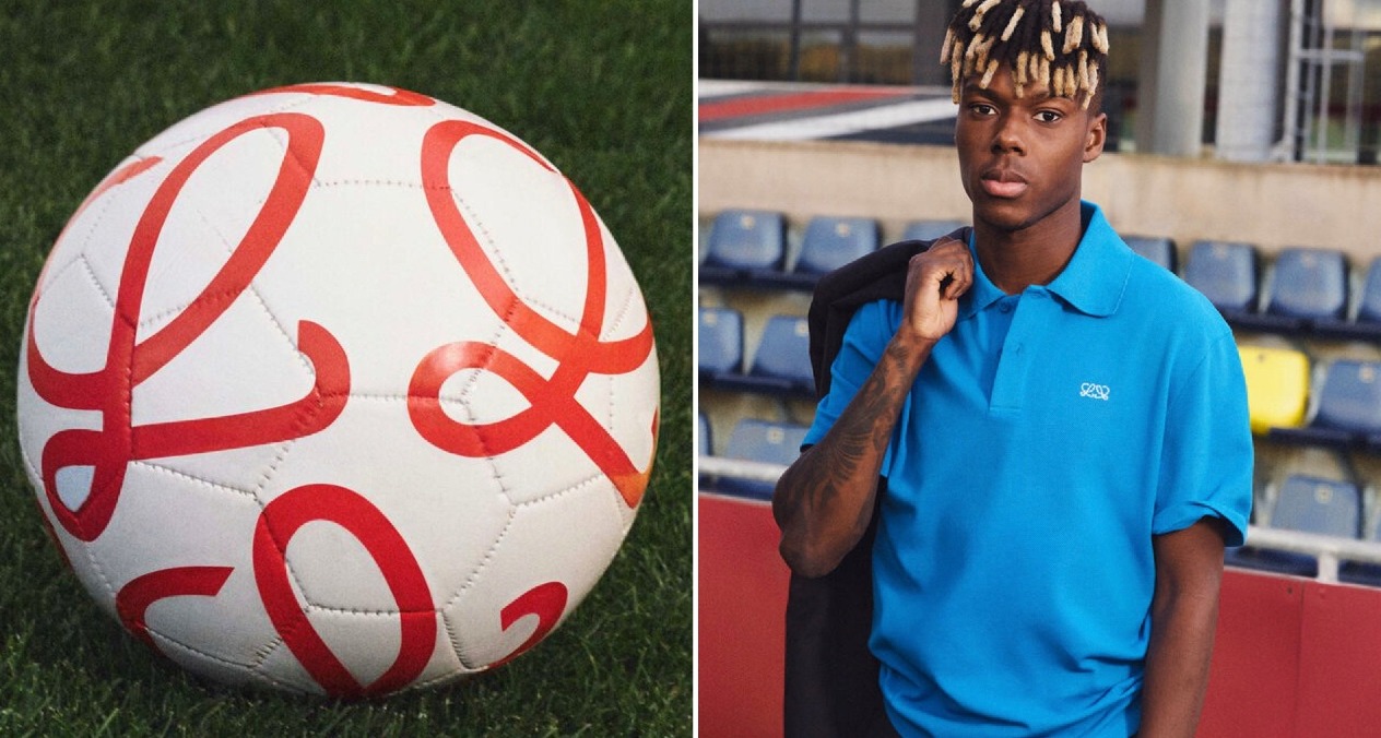 Un balón tematizado por Loewe junto a una imagen de Nico Williams vestido con un traje de la marca