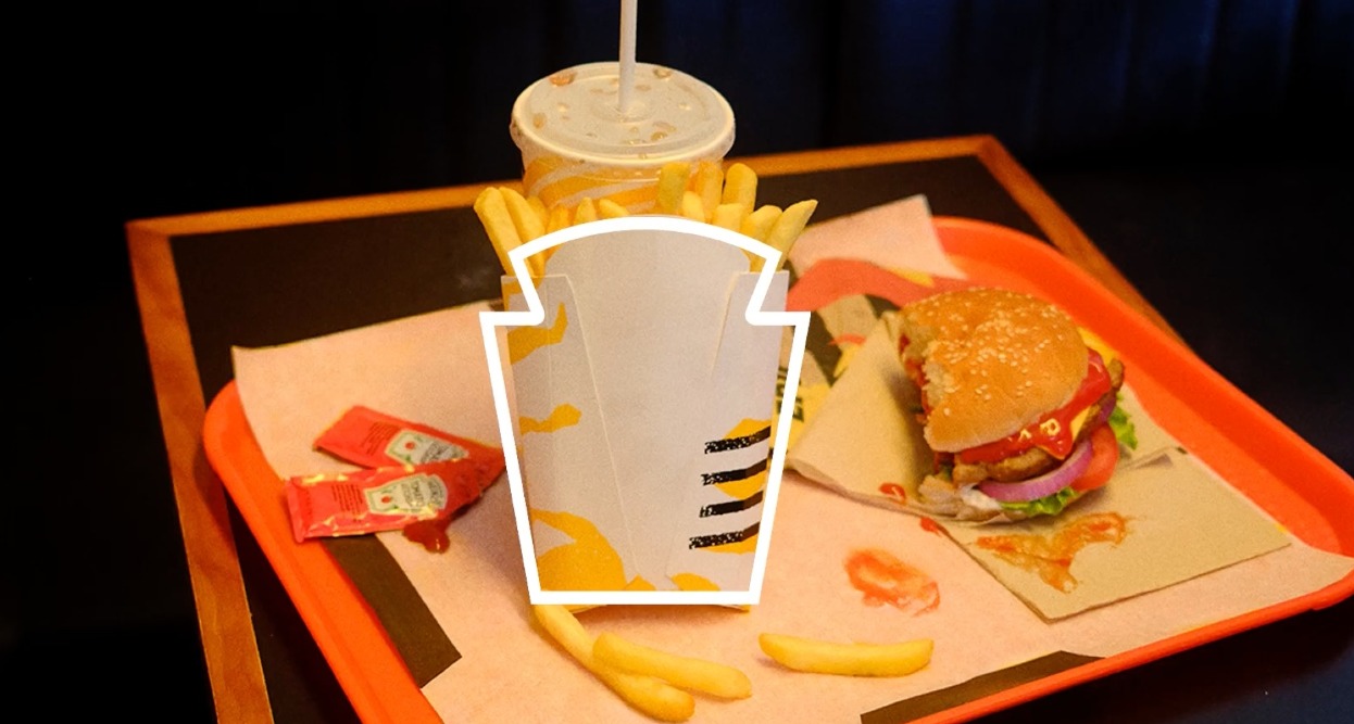 un envase de patatas fritas resaltado en su silueta para formar el logotipo de Heinz