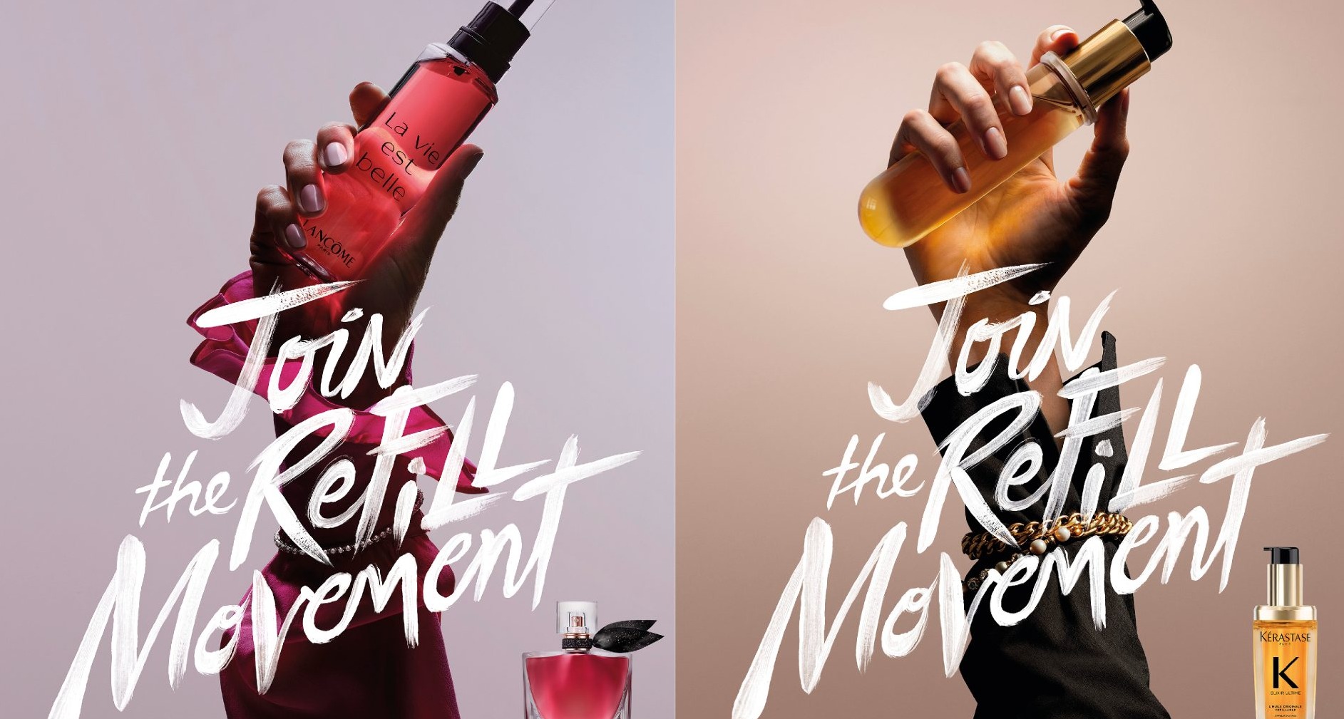 Manos sujetando formatos recargables de marcas de L'Oréal