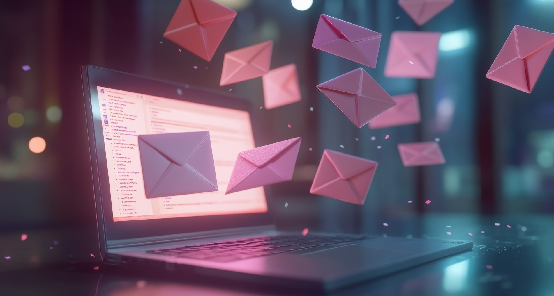 Sobre rosas volando alrededor de un ordenador portátil