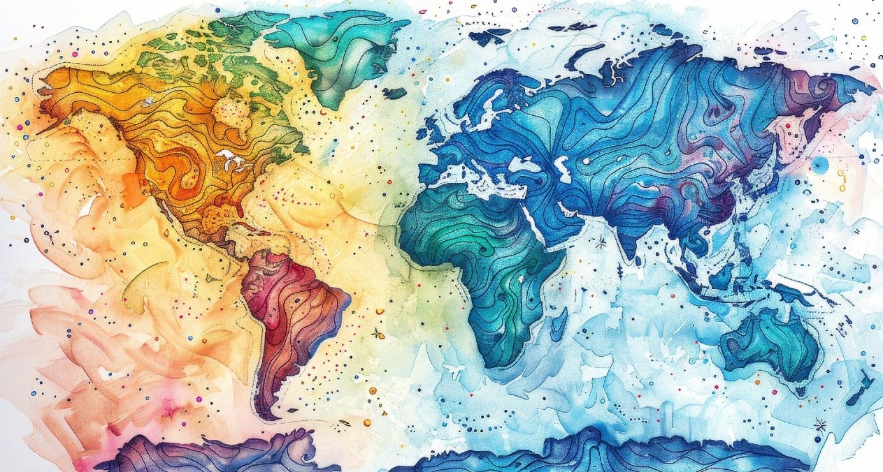 Un mapa mundi estilo acuarela con colores para las diferentes regiones del mundo