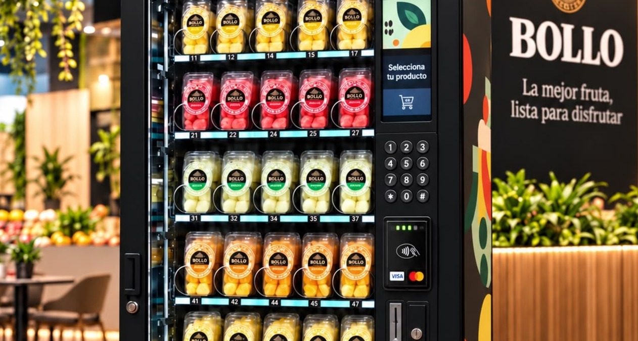 Una máquina de vending con botes de fruta cortada