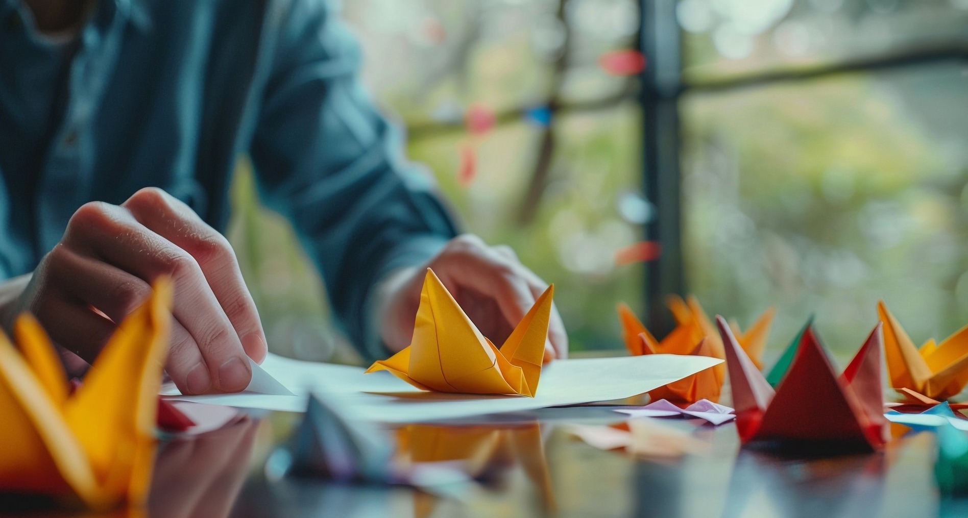 Persona haciendo origami en la oficina