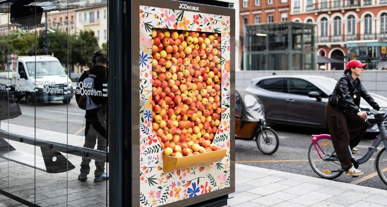 La marquesina de JCDecaux con las manzanas saliendo por abajo