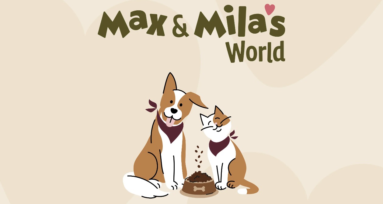 El dibujo de Max y Mila, un perro y un gato junto a un cuenco de pienso